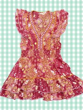 Poupette St. Barth Red Floral Mini Dress with Yellow Accents